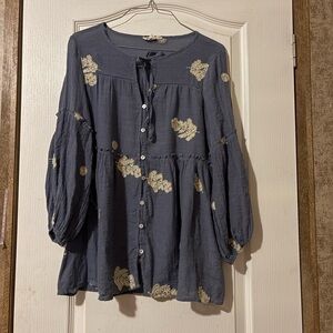 Women's Blue Blouse with Gold Floral Accents